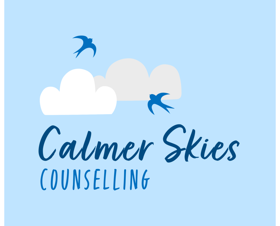 A business logo featuring white and grey clouds, blue birds, and the words 'Calmer Skies Counselling' in blue, set against a blue background.